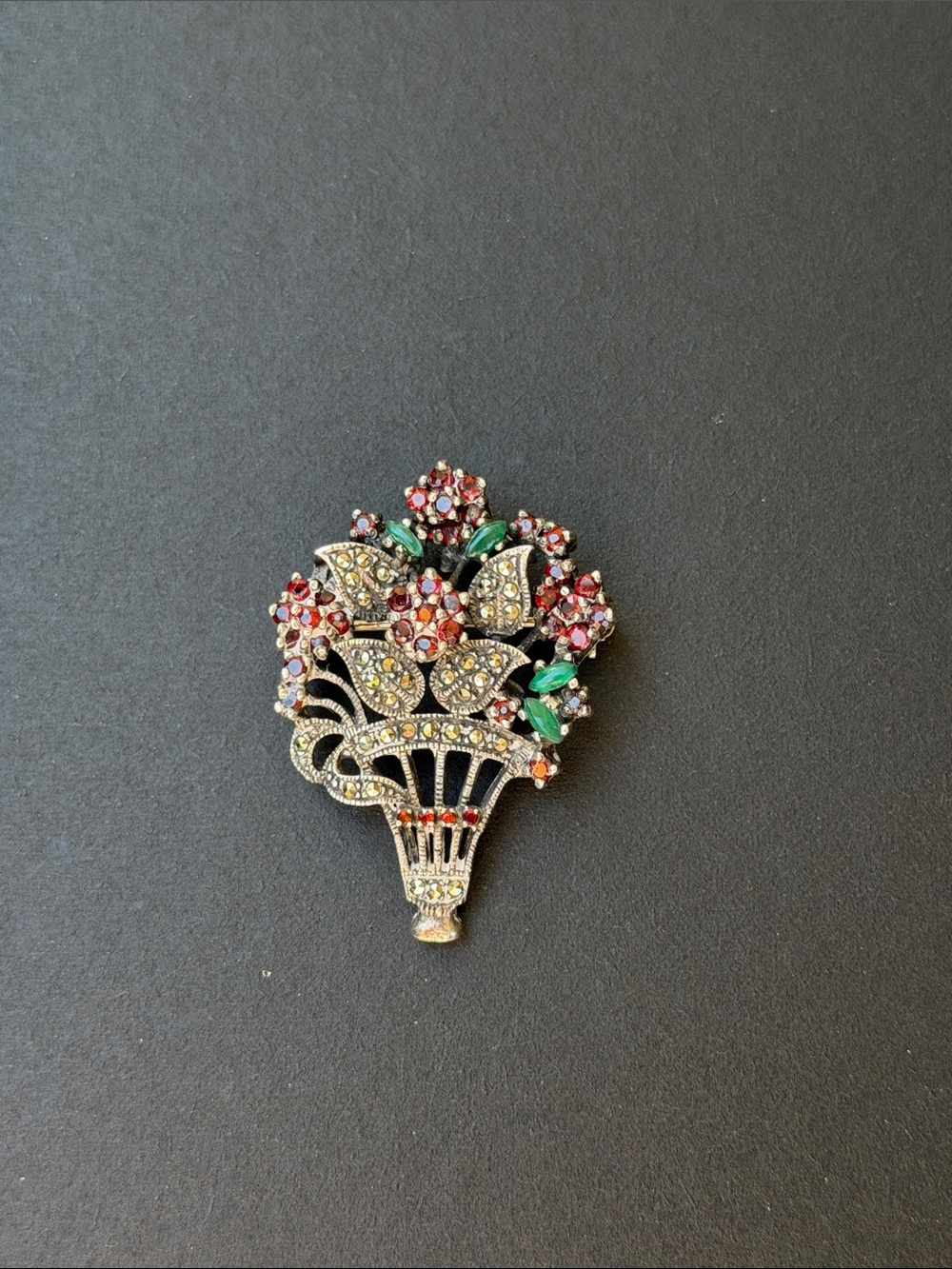 Vintage 925 Silver Floral Bouquet Brooch/Pendant with Marcasite/Garnet/Emerald